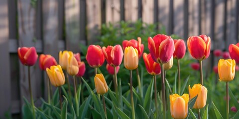 Poster - Vibrant red and yellow tulip flowers blooming in garden by wooden fence with soft focus Flower business cultivation of plants Agribusiness concept Close up of tulip blossoms on tall green s