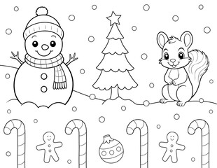 Sticker - christmas coloring page with snowman, candy cane and cartoon squirrel. You can print it on 8.5 x 11 inch paper.