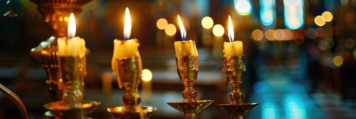 Canvas Print - Candles Illuminating a Vintage Golden Candlestick in a Religious Setting