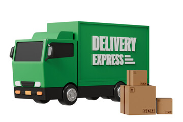 Wall Mural - 3D Green Truck delivery express back door open with parcel box delivery icon on isolated purple background. Online shopping or E-commerce concept. Minimal Cartoon Van truck logistic icon. 3d render.