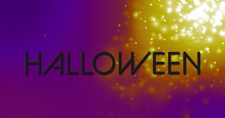 Canvas Print - Image of shooting star over neon halloween text banner against light spots on purple background