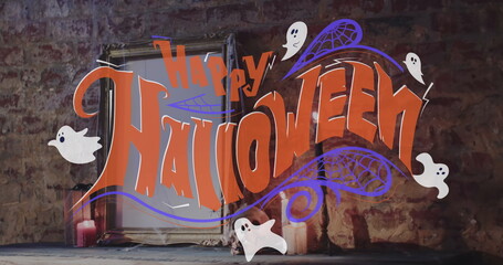 Canvas Print - Image of happy halloween text over ghosts and mirror on brick wall background