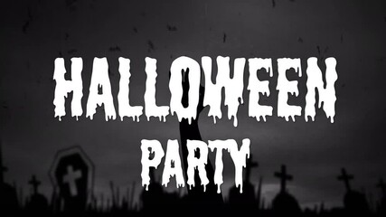 Wall Mural - Halloween Party text animation over spooky graveyard with tombstones and bats