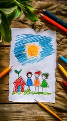 Wall Mural - A child's drawing of a family with a house and a sun