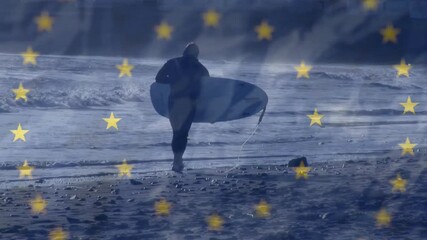 Wall Mural - European Union flag animation over person holding surfboard on beach