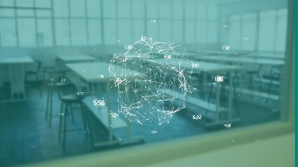 Sticker - Network of connections and data points animation over empty classroom