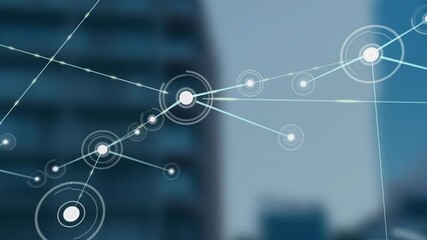 Wall Mural - network connections and data points animation over blurred cityscape background