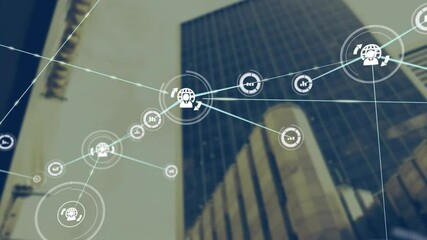 Network connections and data processing animation over modern office building