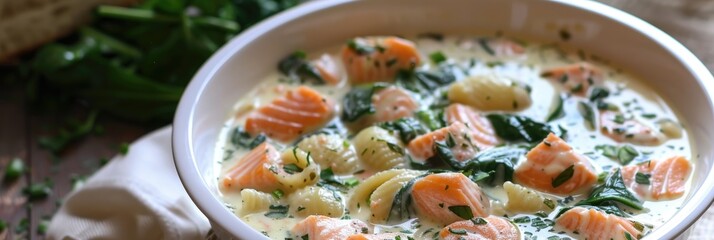 Canvas Print - Creamy Pasta Soup with Salmon and Spinach