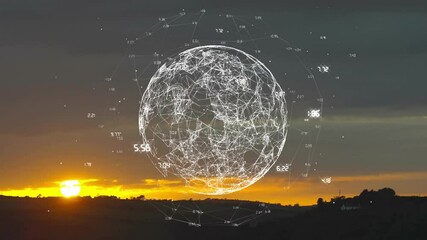 Poster - Animating digital globe with network connections and data points over sunset landscape