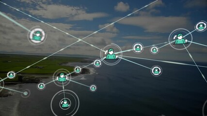 Wall Mural - Animating network connections over coastal landscape