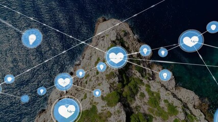 Poster - Animating health icons and network connections over aerial view of rocky coastline