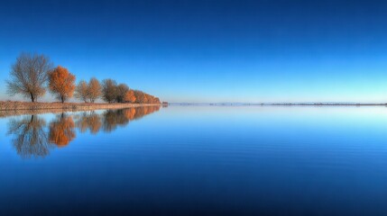   A vast expanse of water stretches between two rows of trees, framed by a brilliant blue sky dotted with fluffy white clouds