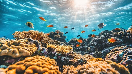   Underwater shot of vibrant coral reef brimming with various fish swimming around as sunlight filters through the water