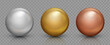 © Angela Ksen - Chrome glass balls set. Gold, silver and bronze orb. Realistic 3D ball with glares. Jewelry gemstone. Vector illustration for your design