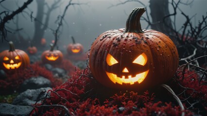 Glowing jack-o-lantern pumpkins on a misty Halloween night in a forest