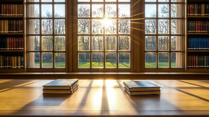 Wall Mural -   The books are positioned on a table, with sunlight filtering through the nearby bookshelves