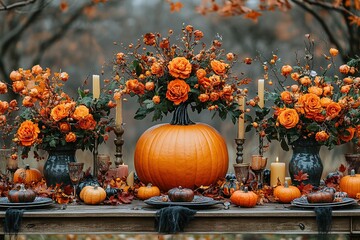 Wall Mural - Autumn nature concept. Fall pumpkins and apples on wooden rustic table. Thanksgiving dinner