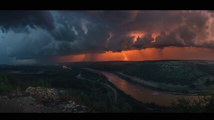 Wall Mural - Lightning Storm Over River