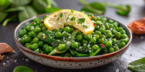 Wall Mural - Pea and Spinach Sauté of sautéed green peas and baby spinach leaves with garlic, lemon zest, and red pepper flakes.