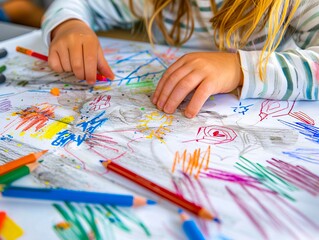 Wall Mural - A little girl is drawing with colored pencils on a table