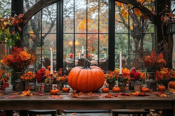 Wall Mural - Autumn nature concept. Fall pumpkins and apples on wooden rustic table. Thanksgiving dinner