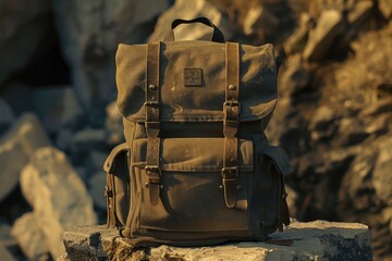 Poster - A backpack sits atop a rocky outcropping