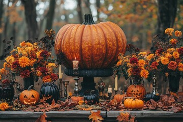 Wall Mural - Autumn nature concept. Fall pumpkins and apples on wooden rustic table. Thanksgiving dinner