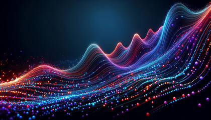 An abstract digital wave flows with bright neon blue and pink lights against a dark, dynamic backdrop.
