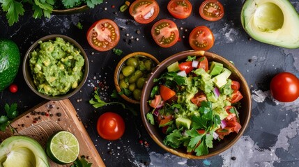 Wall Mural - top view salad with guacamole