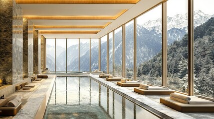 Wall Mural -  A spacious indoor pool, surrounded by windows offering panoramic views of majestic mountains