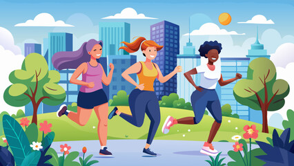 Friends, women and fitness with running in park with happiness for workout and jogging in Atlanta. Bonding, runner and smile or confident with exercise for health, wellness and self care on 