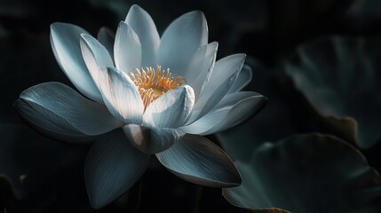 Poster -   A white flower blooms atop a verdant green field of water lilies, its sunny center radiating brightness