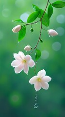 Wall Mural - A branch with white flowers and green leaves