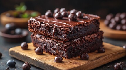 Two chocolate brownies topped with chocolate ganache and chocolate chips.