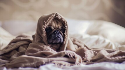 Wall Mural - pug covered with blanket on bedspread