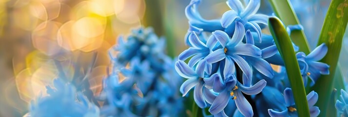 Poster - Blue lavender wood hyacinths blooming along the roadside in spring Delicate bell shaped flowers beckoning pollinators Shallow focus