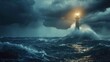 © sablengjago - A lighthouse stands tall against a stormy sea, its light a beacon of hope in the darkness.