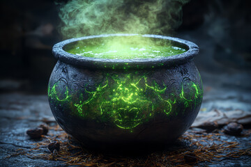 Poster - A witchâ€™s cauldron bubbling with green potion, emitting a glowing vapor. Concept of Halloween magic and witchcraft.