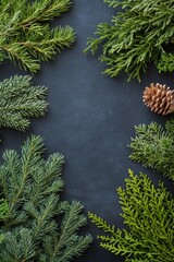 Wall Mural - Lush green cedar foliage framing a deep blue background for creative design elements