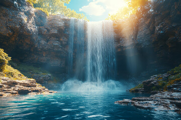 Poster - A waterfall cascading down a steep cliff into a river below, showcasing nature's power. Concept of Earth's water cycles and geographical features.