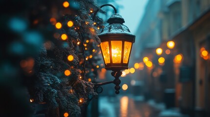 Poster - Cozy lantern illuminates a festive holiday setting with candle and decorations at twilight