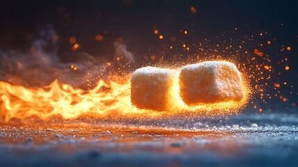 Two sugar cubes on fire with smoke and sparks on dark background.