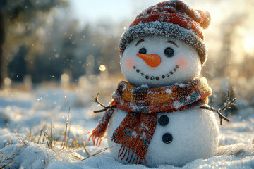 Wall Mural - A snowman wearing a scarf and hat, standing proudly in a snow-covered yard. Concept of winter fun and Christmas traditions.