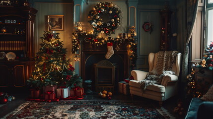 A living room with a decorative Christmas garland draped over the doorway, adorned with bows and ornaments, and a small Christmas tree in the corner of the room. Christmas, New Year decorations