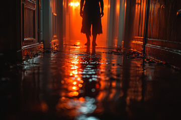 Wall Mural - a shadowy figure standing at the end of a dimly lit hallway, just out of focus. concept of suspense 
