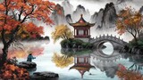 A Chinese landscape painting of a tranquil lake reflects vibrant maple and ginkgo trees, with wooden pagoda and stone bridge.jpeg