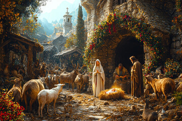 Wall Mural - A nativity scene with Mary, Joseph, and baby Jesus, surrounded by animals and shepherds. Concept of religious symbolism and the true meaning of Christmas.