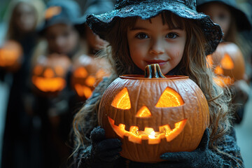 Poster - A group of children dressed in spooky costumes, holding pumpkin-shaped candy buckets. Concept of trick-or-treating on Halloween night.