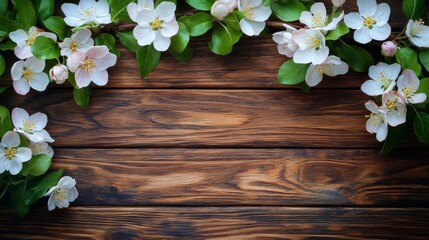 Wall Mural - Delicate white apple blossoms arranged on rustic wooden surface in soft natural light